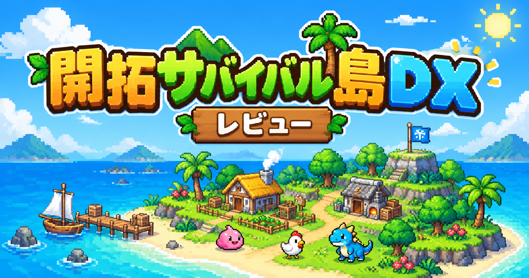 開拓サバイバル島DXのレビュー記事をイメージした島開拓とモンスター育成のアイキャッチ画像